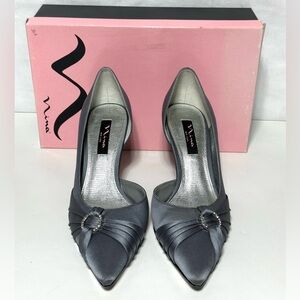 Nina GREY METAL Satin Kitten Heels Rhinestone Applique, Size 9M